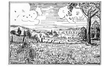 dessin au trait en noir et blanc d'un paysage bucolique