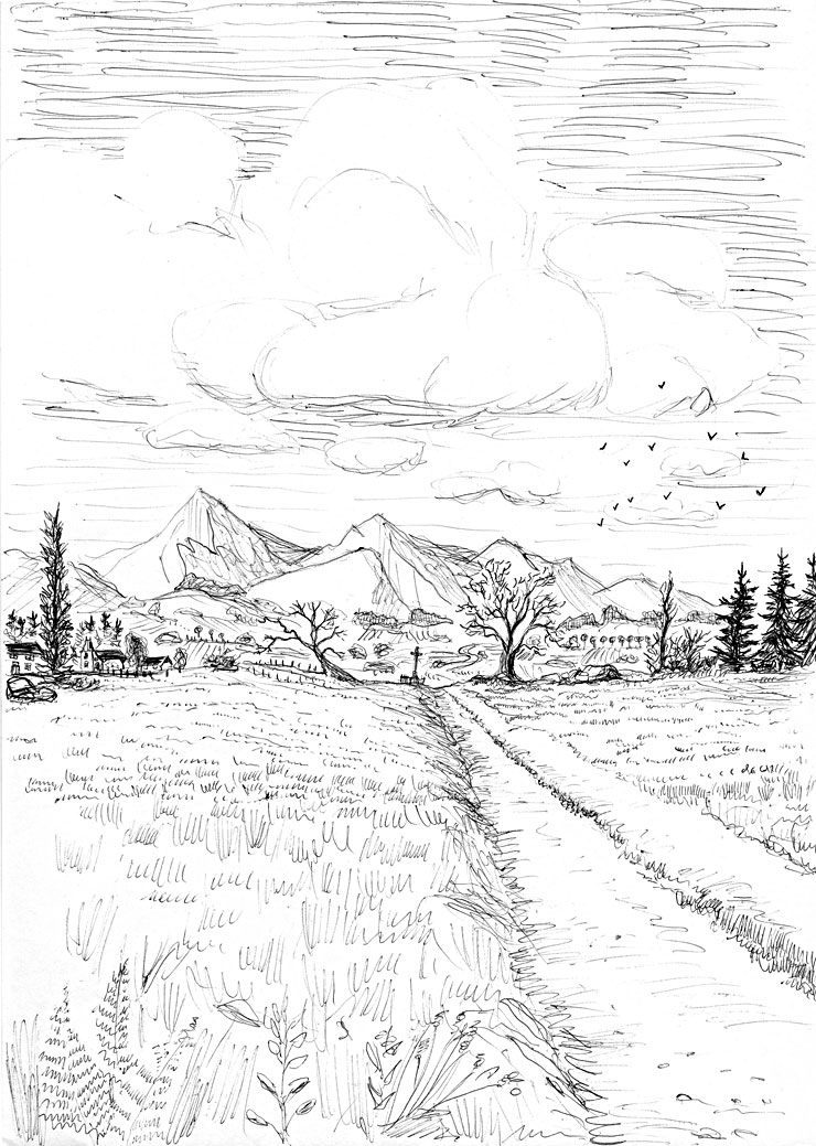 dessin de Paysage entre plaine et montagne